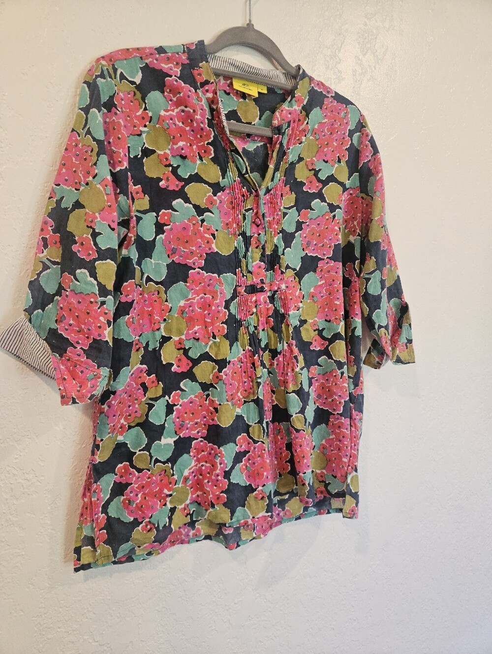 Roller Rabbit Floral Tunic 100% Cotton Kurta Style Blouse 3/4 Sleeves In Size M.